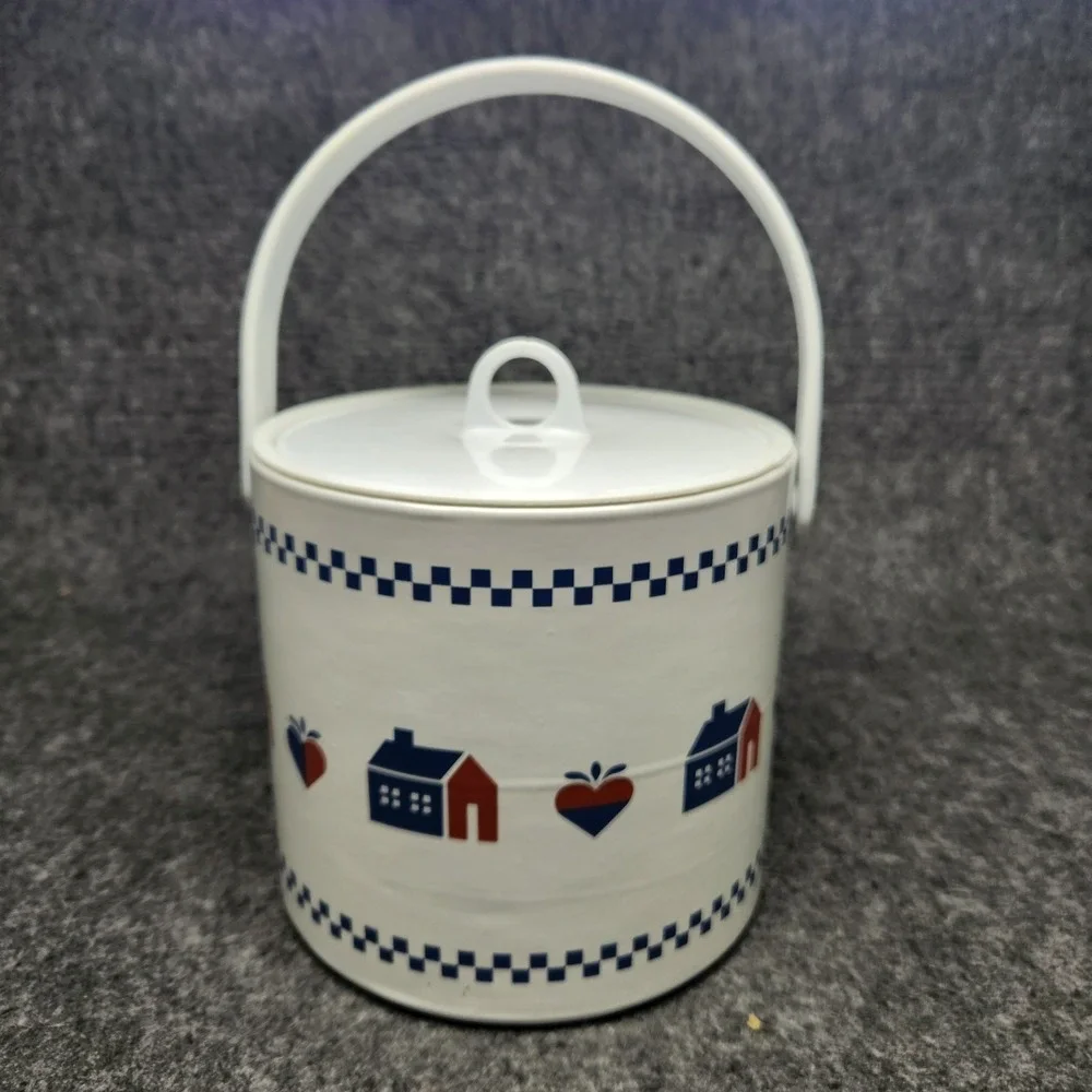 Vintage Barware Acrylic Ice Bucket Canister Country Blue House Heart Cottagecore